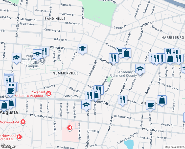 map of restaurants, bars, coffee shops, grocery stores, and more near 946 Milledge Road in Augusta