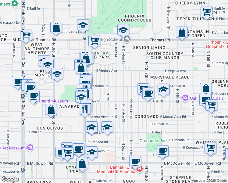 map of restaurants, bars, coffee shops, grocery stores, and more near 2329 North 10th Street in Phoenix