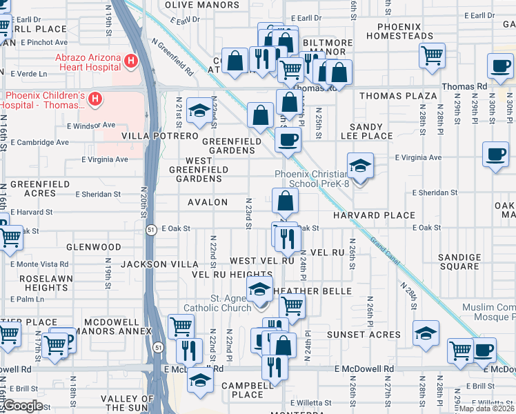 map of restaurants, bars, coffee shops, grocery stores, and more near 2312 East Harvard Street in Phoenix