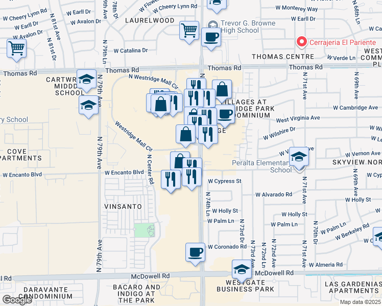 map of restaurants, bars, coffee shops, grocery stores, and more near 2330 North 75th Avenue in Phoenix