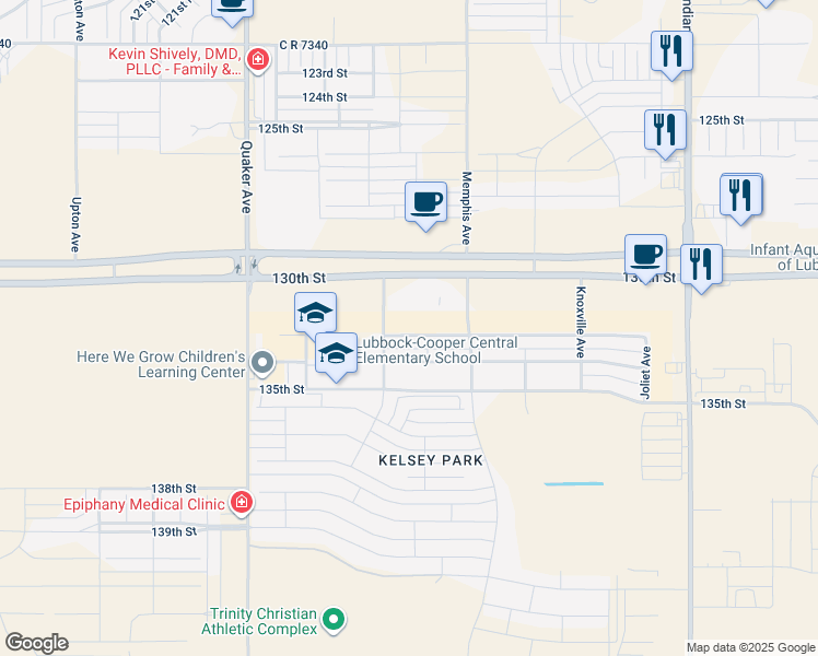 map of restaurants, bars, coffee shops, grocery stores, and more near 3820 133rd Street in Lubbock
