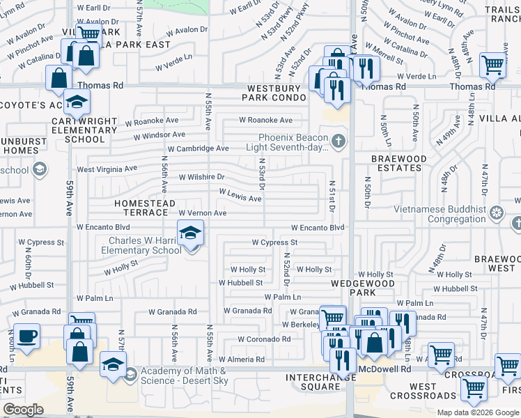 map of restaurants, bars, coffee shops, grocery stores, and more near 5324 West Vernon Avenue in Phoenix
