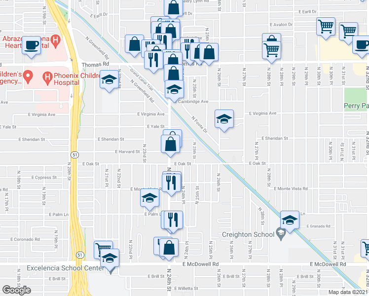 map of restaurants, bars, coffee shops, grocery stores, and more near 2430 East Harvard Street in Phoenix