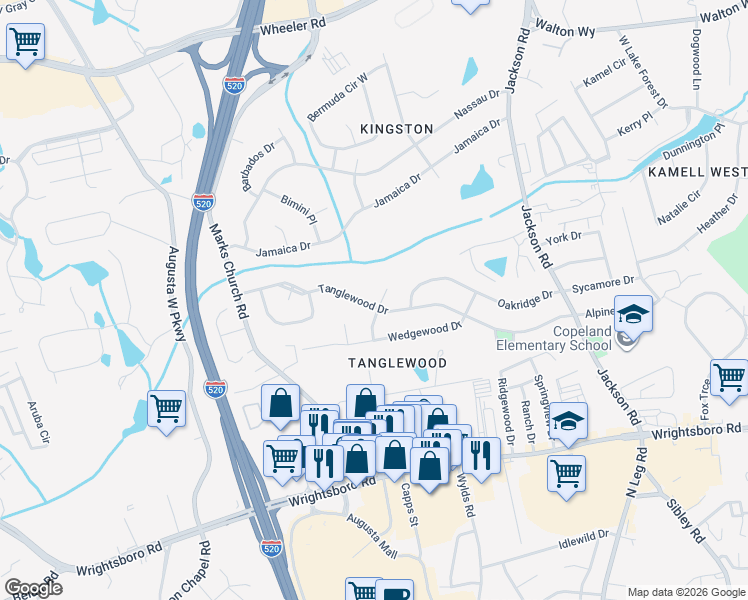 map of restaurants, bars, coffee shops, grocery stores, and more near 3351 Tanglewood Drive in Augusta