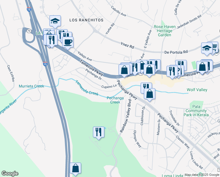 map of restaurants, bars, coffee shops, grocery stores, and more near 30401 Cupeno Lane in Temecula
