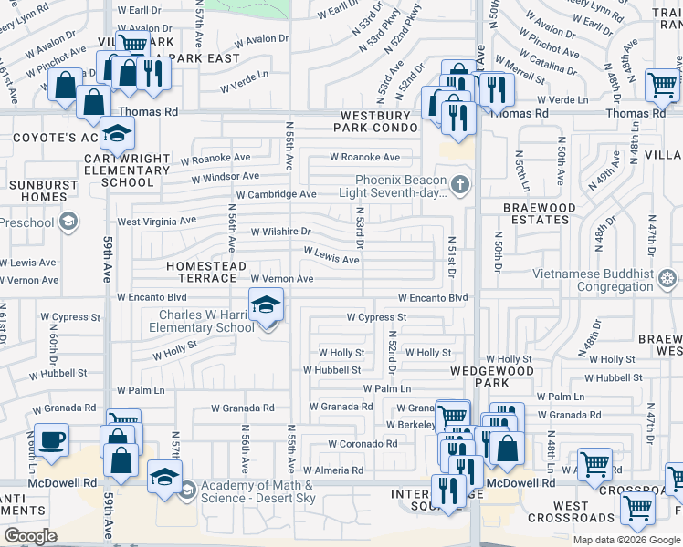 map of restaurants, bars, coffee shops, grocery stores, and more near 5413 West Vernon Avenue in Phoenix