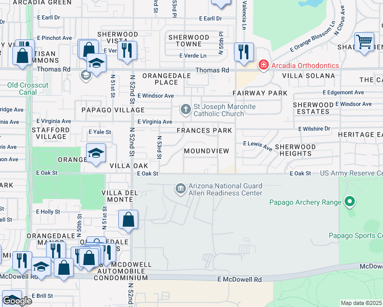 map of restaurants, bars, coffee shops, grocery stores, and more near 5410 East Vernon Avenue in Phoenix