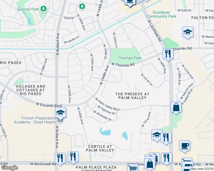 map of restaurants, bars, coffee shops, grocery stores, and more near 2511 North 143rd Drive in Goodyear