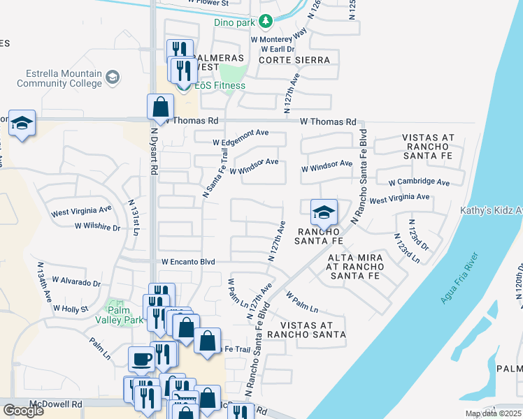 map of restaurants, bars, coffee shops, grocery stores, and more near 2411 North 127th Drive in Avondale