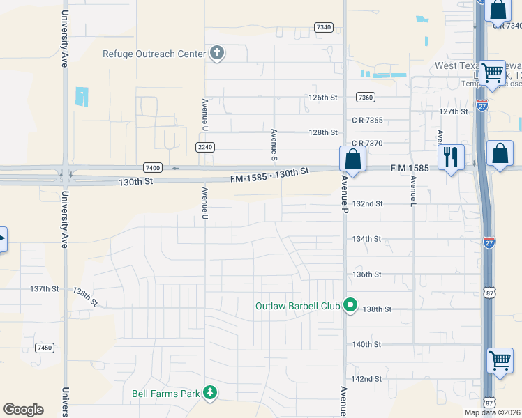 map of restaurants, bars, coffee shops, grocery stores, and more near 1901 FM 1585 in Lubbock