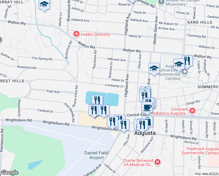 map of restaurants, bars, coffee shops, grocery stores, and more near 2820 Lombardy Court in Augusta