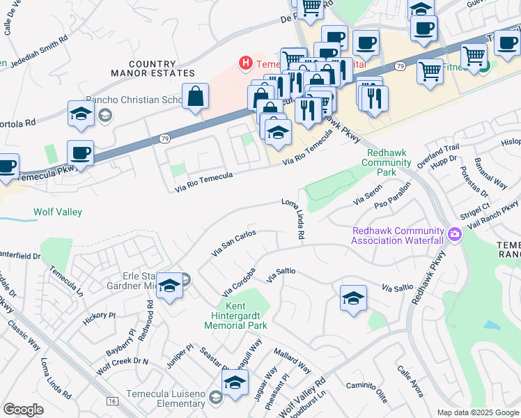 map of restaurants, bars, coffee shops, grocery stores, and more near 31655 Loma Linda Road in Temecula