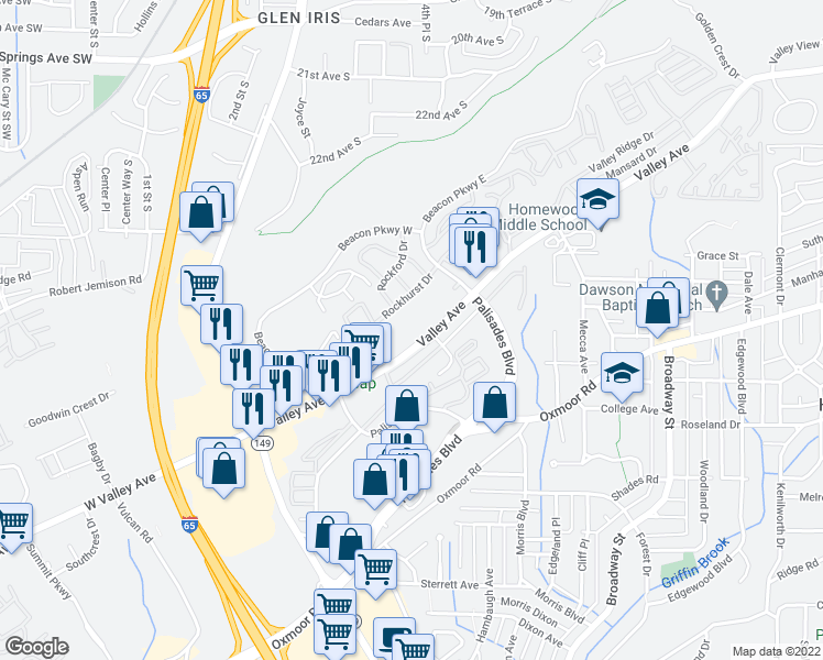 map of restaurants, bars, coffee shops, grocery stores, and more near 540 Valley Avenue in Birmingham