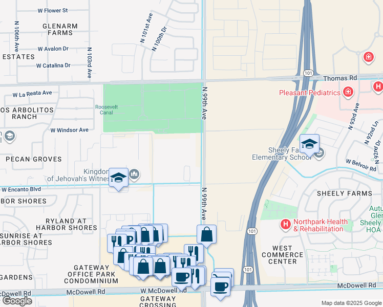 map of restaurants, bars, coffee shops, grocery stores, and more near 2226 North 99th Avenue in Avondale