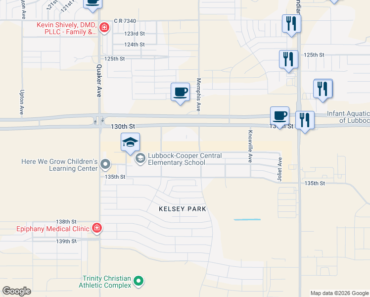 map of restaurants, bars, coffee shops, grocery stores, and more near 3814 133rd Street in Lubbock