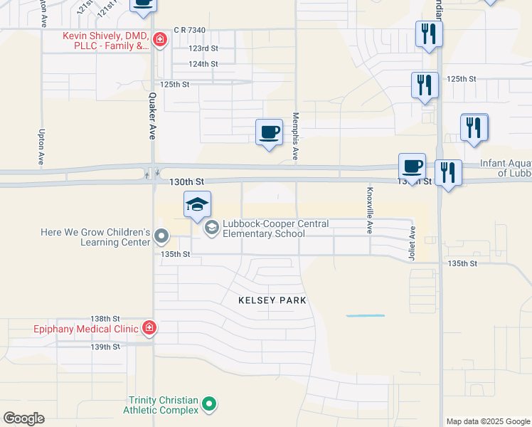 map of restaurants, bars, coffee shops, grocery stores, and more near 3814 133rd Street in Lubbock