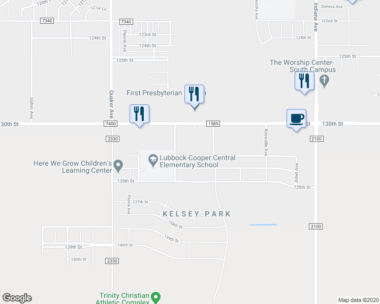 map of restaurants, bars, coffee shops, grocery stores, and more near 3814 133rd Street in Lubbock