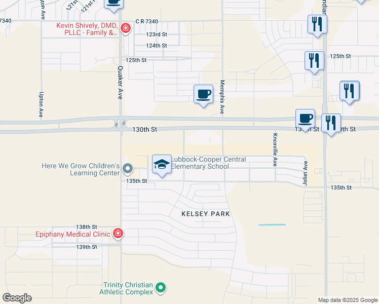 map of restaurants, bars, coffee shops, grocery stores, and more near 3824 133rd Street in Lubbock