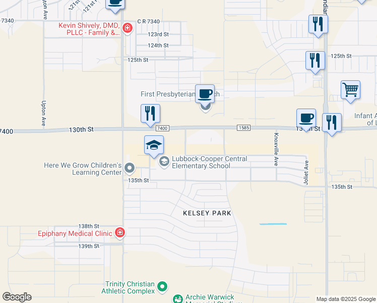 map of restaurants, bars, coffee shops, grocery stores, and more near 3824 133rd Street in Lubbock