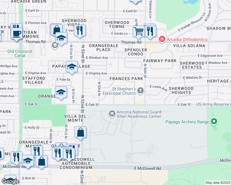 map of restaurants, bars, coffee shops, grocery stores, and more near 5410 East Vernon Avenue in Phoenix