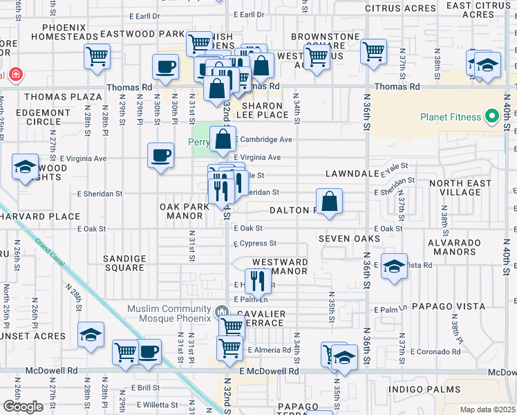 map of restaurants, bars, coffee shops, grocery stores, and more near 3244 East Harvard Street in Phoenix