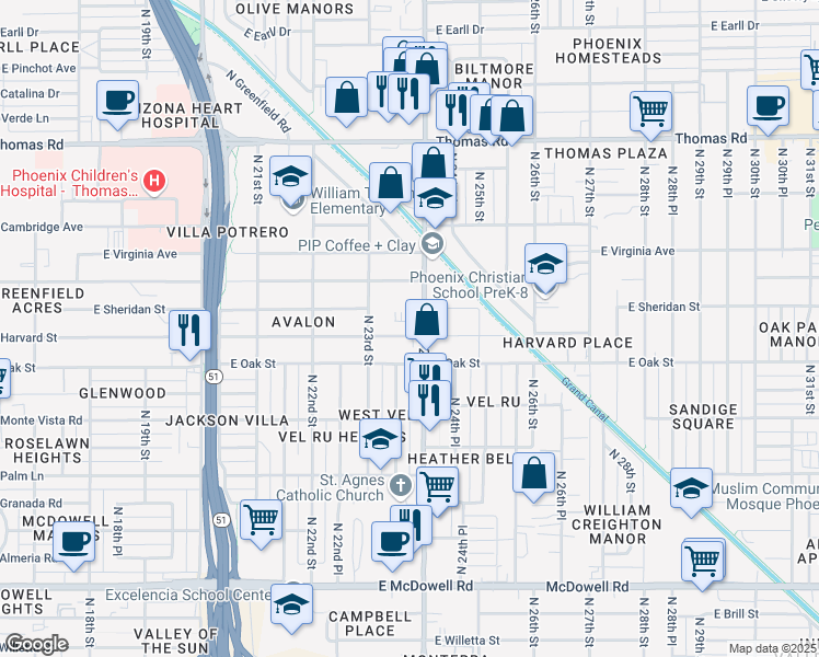 map of restaurants, bars, coffee shops, grocery stores, and more near 2402 North 24th Street in Phoenix