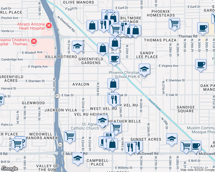 map of restaurants, bars, coffee shops, grocery stores, and more near 2402 North 24th Street in Phoenix