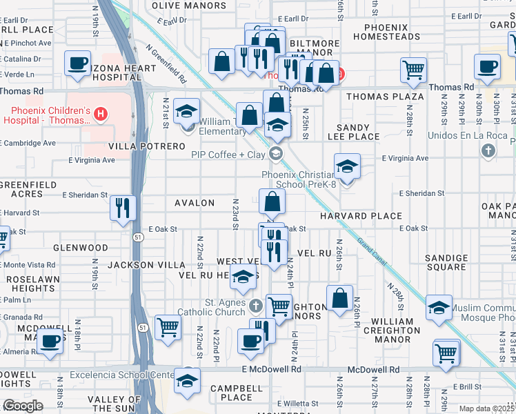 map of restaurants, bars, coffee shops, grocery stores, and more near 2402 North 24th Street in Phoenix