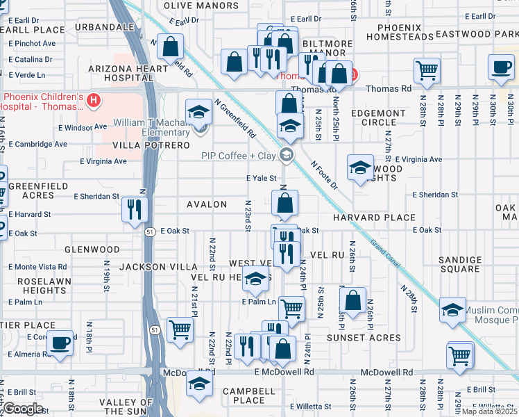 map of restaurants, bars, coffee shops, grocery stores, and more near 2308 East Harvard Street in Phoenix