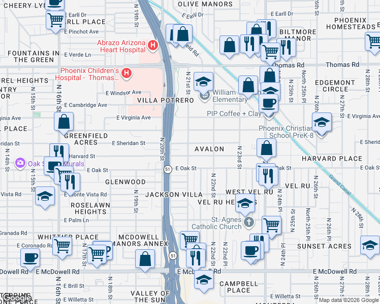 map of restaurants, bars, coffee shops, grocery stores, and more near 2102 East Harvard Street in Phoenix
