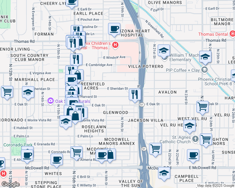 map of restaurants, bars, coffee shops, grocery stores, and more near 1822 East Harvard Street in Phoenix