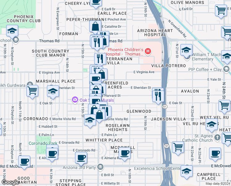 map of restaurants, bars, coffee shops, grocery stores, and more near in Phoenix