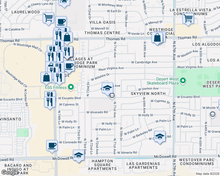 map of restaurants, bars, coffee shops, grocery stores, and more near 2326 North 71st Avenue in Phoenix