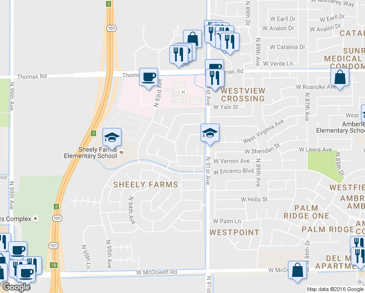 map of restaurants, bars, coffee shops, grocery stores, and more near 2213 North 91st Glen in Phoenix