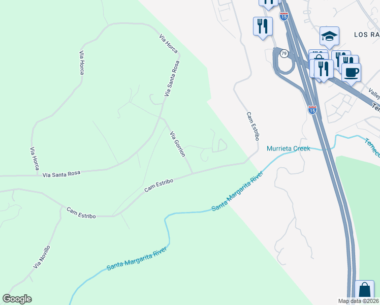 map of restaurants, bars, coffee shops, grocery stores, and more near 29165 Ridgeline Court in Temecula