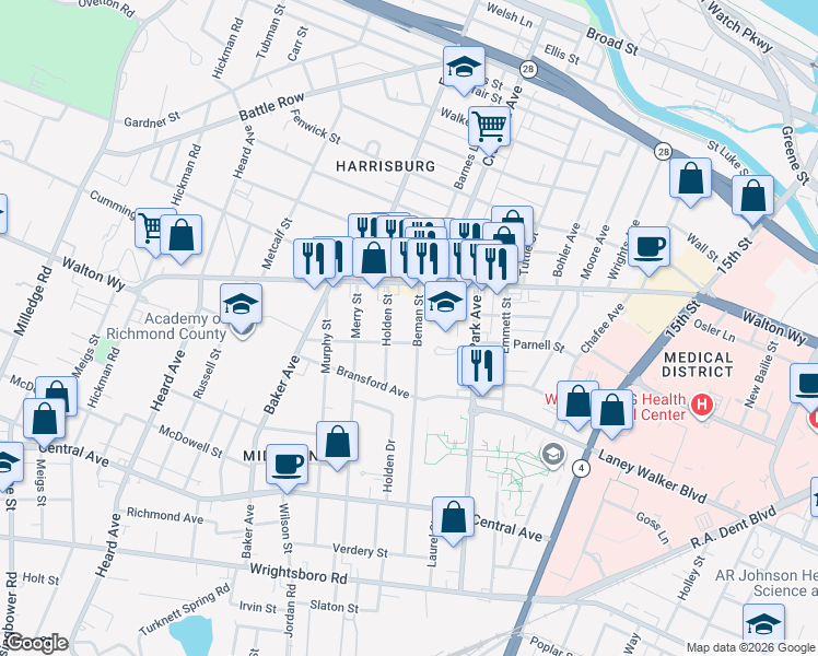 map of restaurants, bars, coffee shops, grocery stores, and more near 927 Beman Street in Augusta