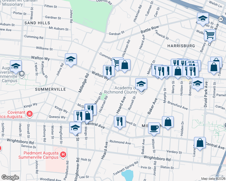 map of restaurants, bars, coffee shops, grocery stores, and more near 958 Hickman Road in Augusta