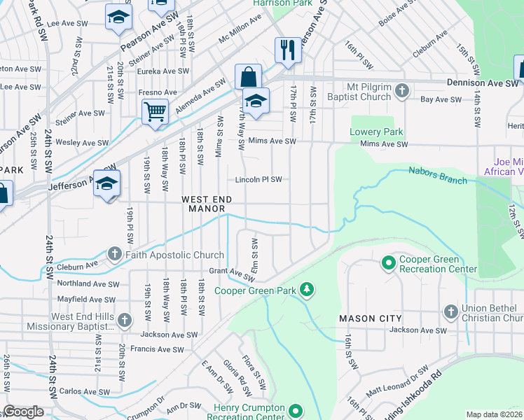 map of restaurants, bars, coffee shops, grocery stores, and more near 1409 17th Way Southwest in Birmingham