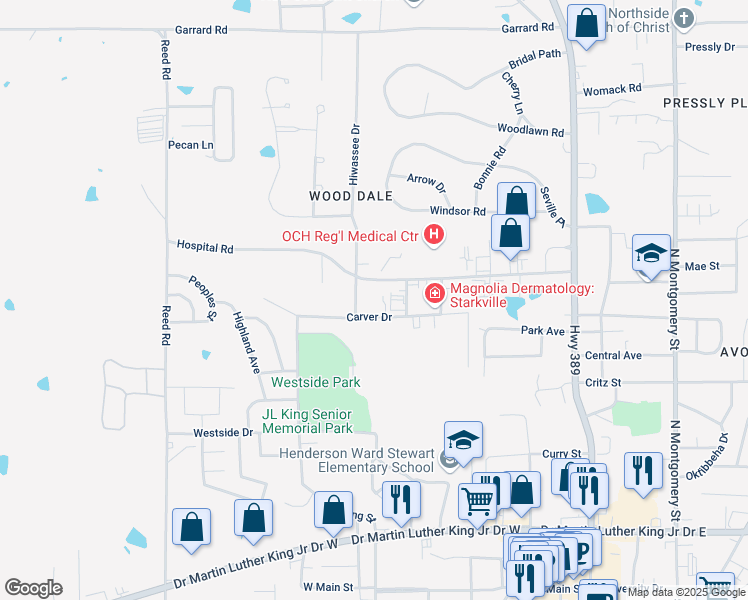 map of restaurants, bars, coffee shops, grocery stores, and more near 100 Brandon Road in Starkville