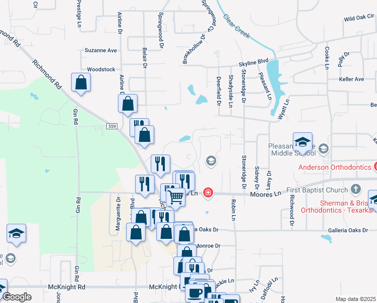 map of restaurants, bars, coffee shops, grocery stores, and more near 4100 Moores Lane in Texarkana