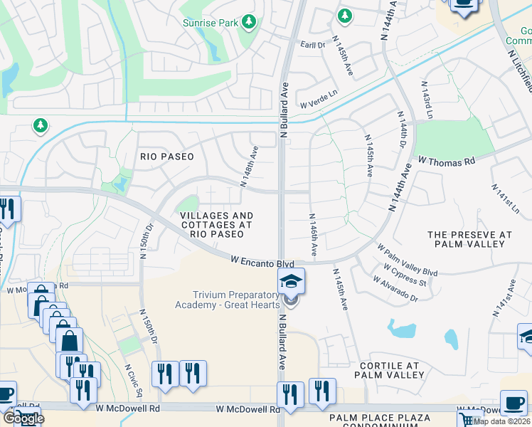 map of restaurants, bars, coffee shops, grocery stores, and more near 2400 North Bullard Avenue in Goodyear