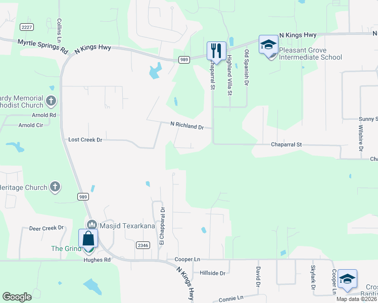map of restaurants, bars, coffee shops, grocery stores, and more near 7203 Hillcrest Drive in Texarkana