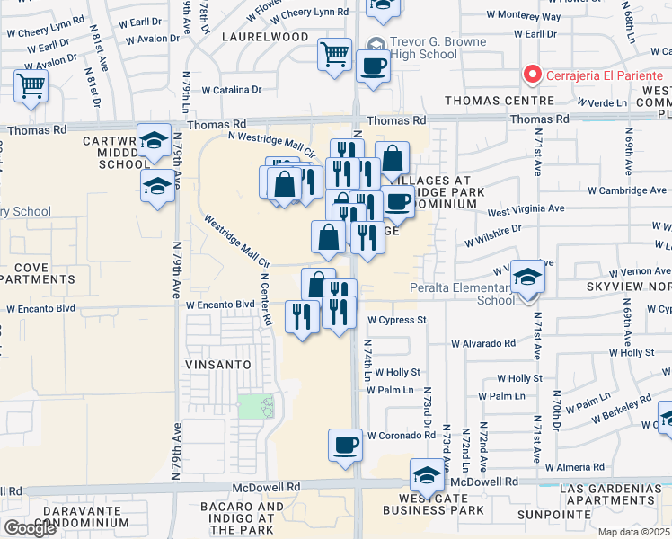 map of restaurants, bars, coffee shops, grocery stores, and more near 2330 North 75th Avenue in Phoenix