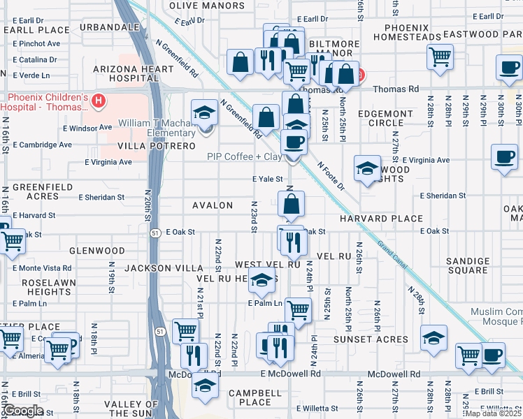 map of restaurants, bars, coffee shops, grocery stores, and more near 2308 East Harvard Street in Phoenix