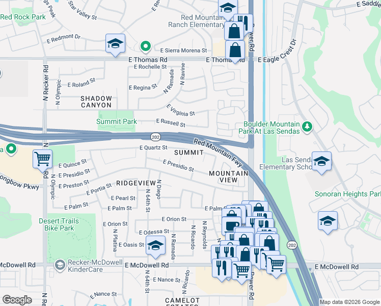 map of restaurants, bars, coffee shops, grocery stores, and more near 6551 East Quartz Street in Mesa