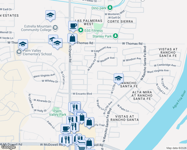 map of restaurants, bars, coffee shops, grocery stores, and more near 2410 North 127th Lane in Avondale