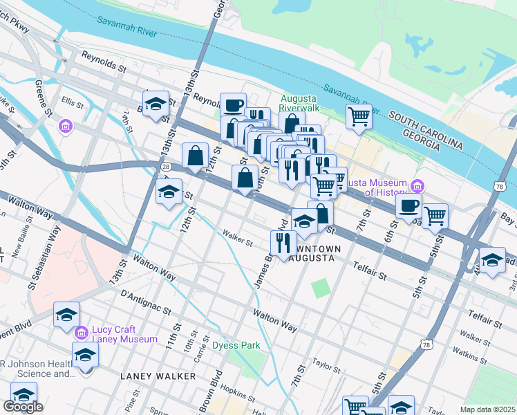 map of restaurants, bars, coffee shops, grocery stores, and more near 942 Greene Street in Augusta