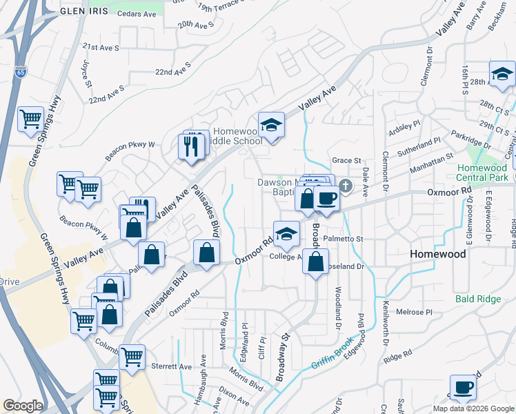 map of restaurants, bars, coffee shops, grocery stores, and more near 213 Edgeview Avenue in Birmingham
