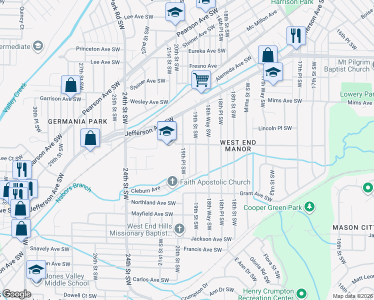 map of restaurants, bars, coffee shops, grocery stores, and more near 1416 19th Place Southwest in Birmingham
