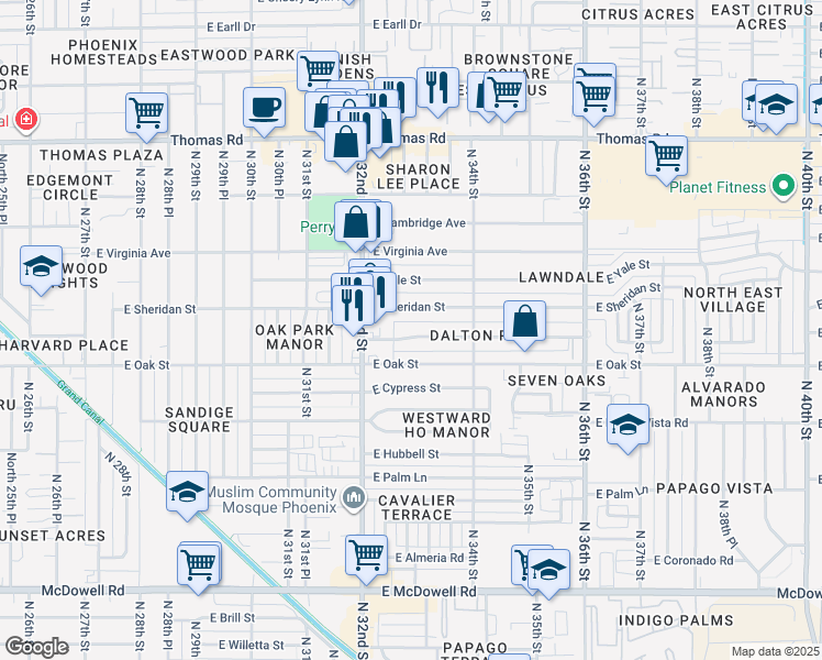map of restaurants, bars, coffee shops, grocery stores, and more near 3244 East Harvard Street in Phoenix